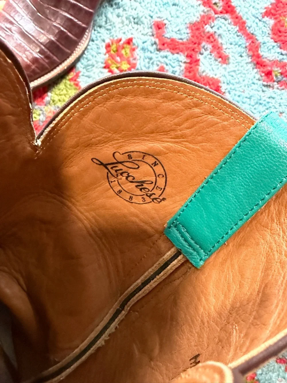 Lucchese Tobacco Caiman Exotic Cowboy Boots with Turquoise Upper - Picture 3 of 6